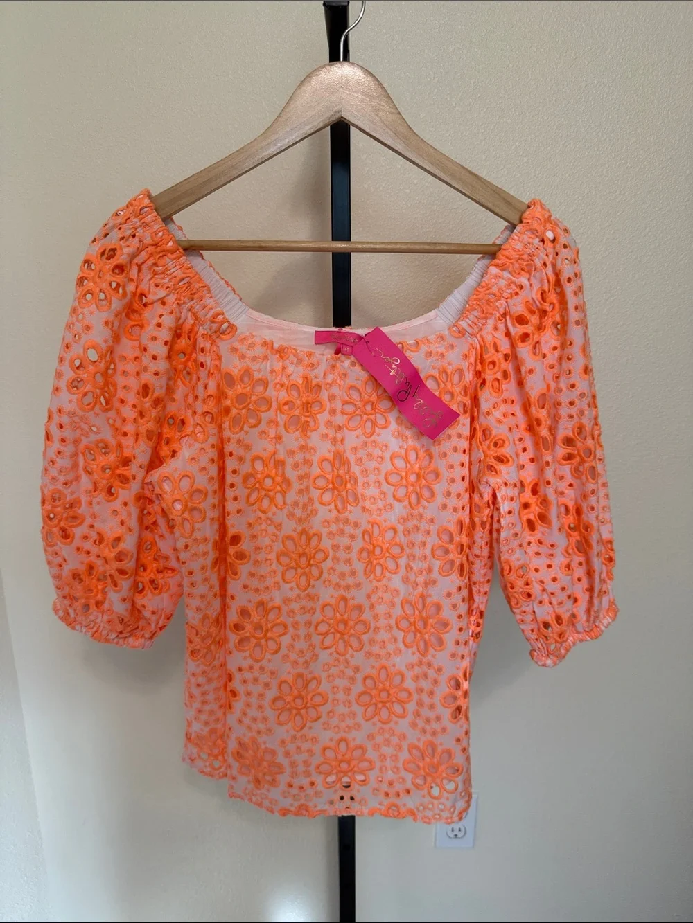 T2) Lilly Pulitzer 💐Off-Shoulder Orange Eyelet Puff-Sleeve Top